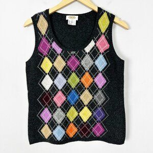 Vtg Talbots Argyle Sweater Vest Wool Cashmere Colorful Size Small Women's